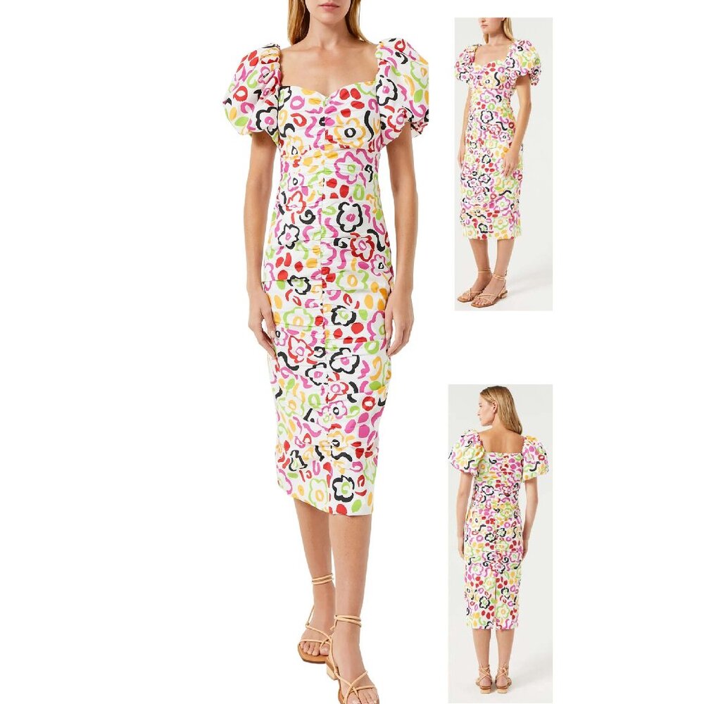 RHODE Colorful Floral Puff Sleeve Midi Dress